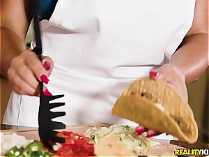 huge-chested Latina trains JMac how to fill taco shells